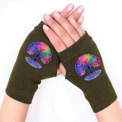Peace Tree Knitted Fingerless Gloves Winter Antifreeze Print Pattern