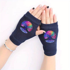 Peace Tree Knitted Fingerless Gloves Winter Antifreeze Print Pattern