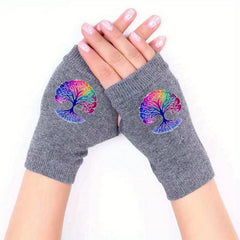 Peace Tree Knitted Fingerless Gloves Winter Antifreeze Print Pattern