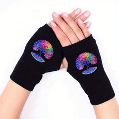 Peace Tree Knitted Fingerless Gloves Winter Antifreeze Print Pattern