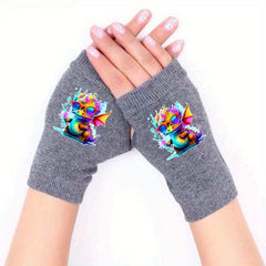 Winter Knit Half Finger Gloves with Printed Patterns