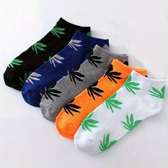 5 Pairs Leaves Print Crew Socks for Men