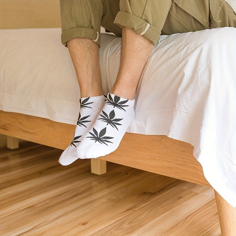 5 Pairs Leaves Print Crew Socks for Men
