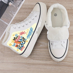 Graffiti Print Plush Lined Thermal Chunky Canvas Sneakers Flat Heighten