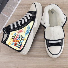 Graffiti Print Plush Lined Thermal Chunky Canvas Sneakers Flat Heighten