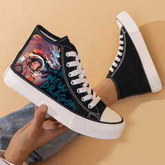 Astronaut & Dragon Print High Top Canvas Sneakers