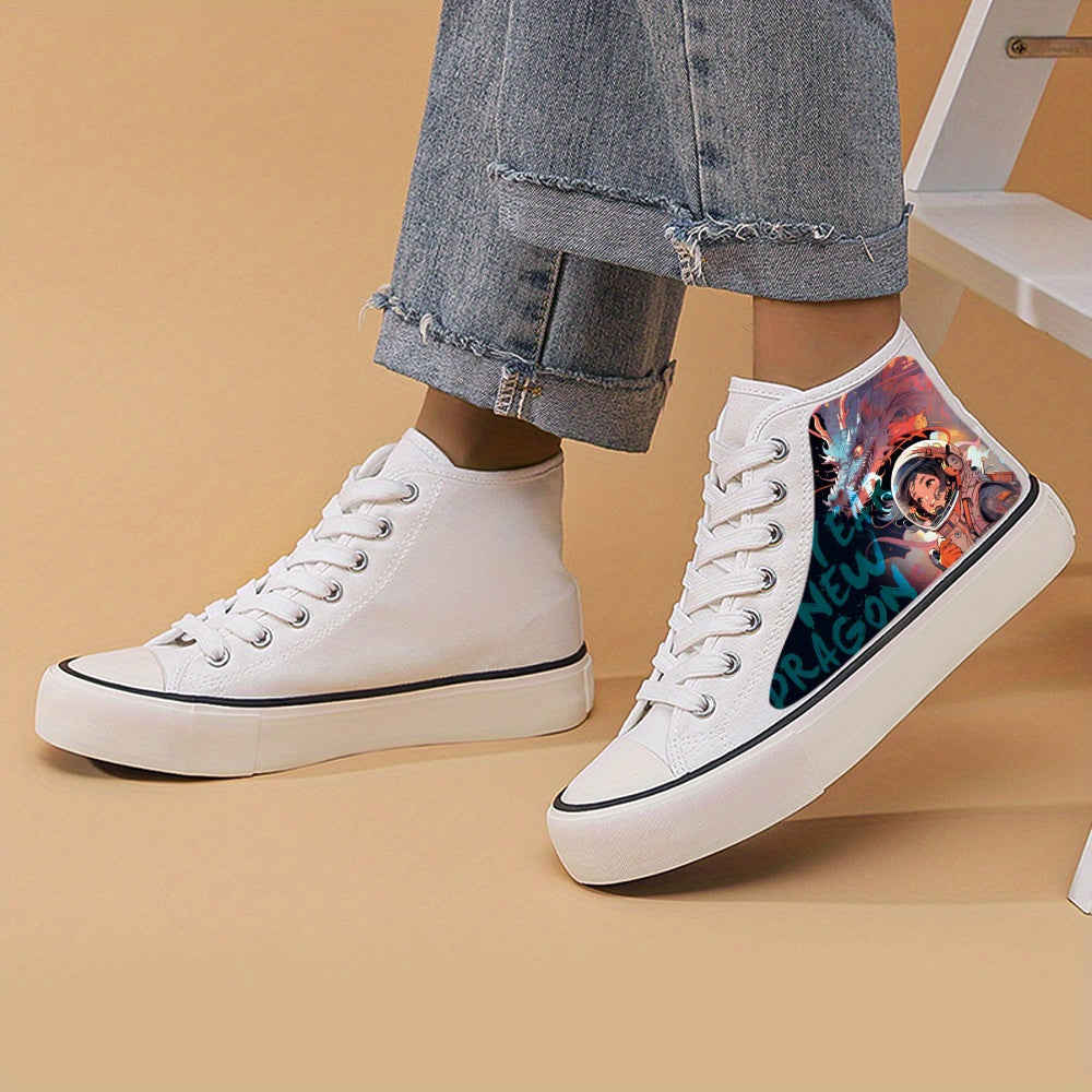 Astronaut & Dragon Print High Top Canvas Sneakers