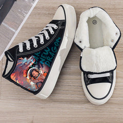 Dragon & Astronaut Print Plush Lined Thermal Chunky Canvas Sneakers