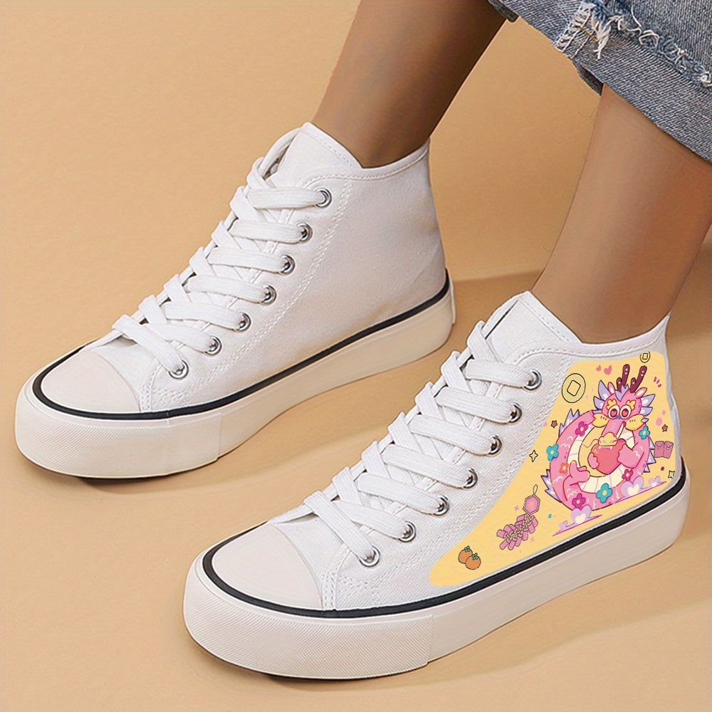 Dragon Print Flat Heighten Chunky Canvas Sneakers