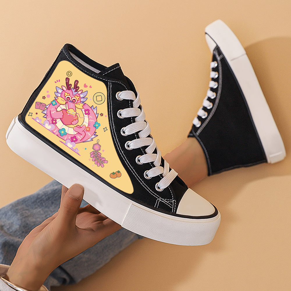 Dragon Print Flat Heighten Chunky Canvas Sneakers