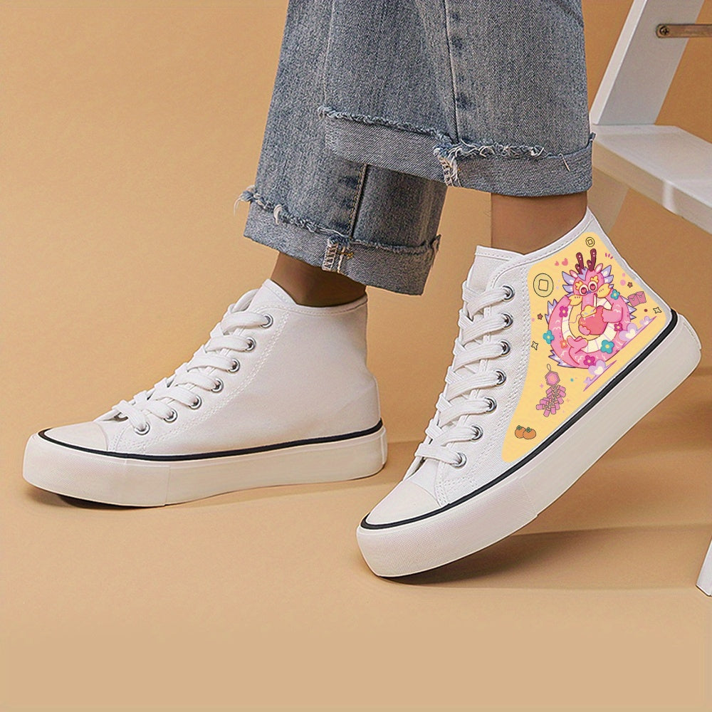 Dragon Print Flat Heighten Chunky Canvas Sneakers