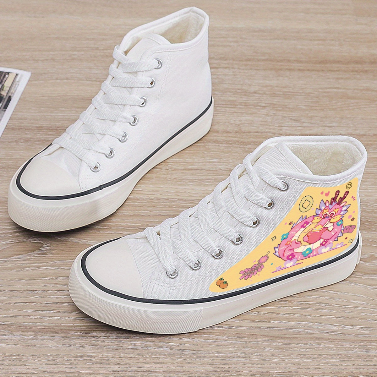 Dragon Print Plush Lined Thermal Chunky Canvas Sneakers