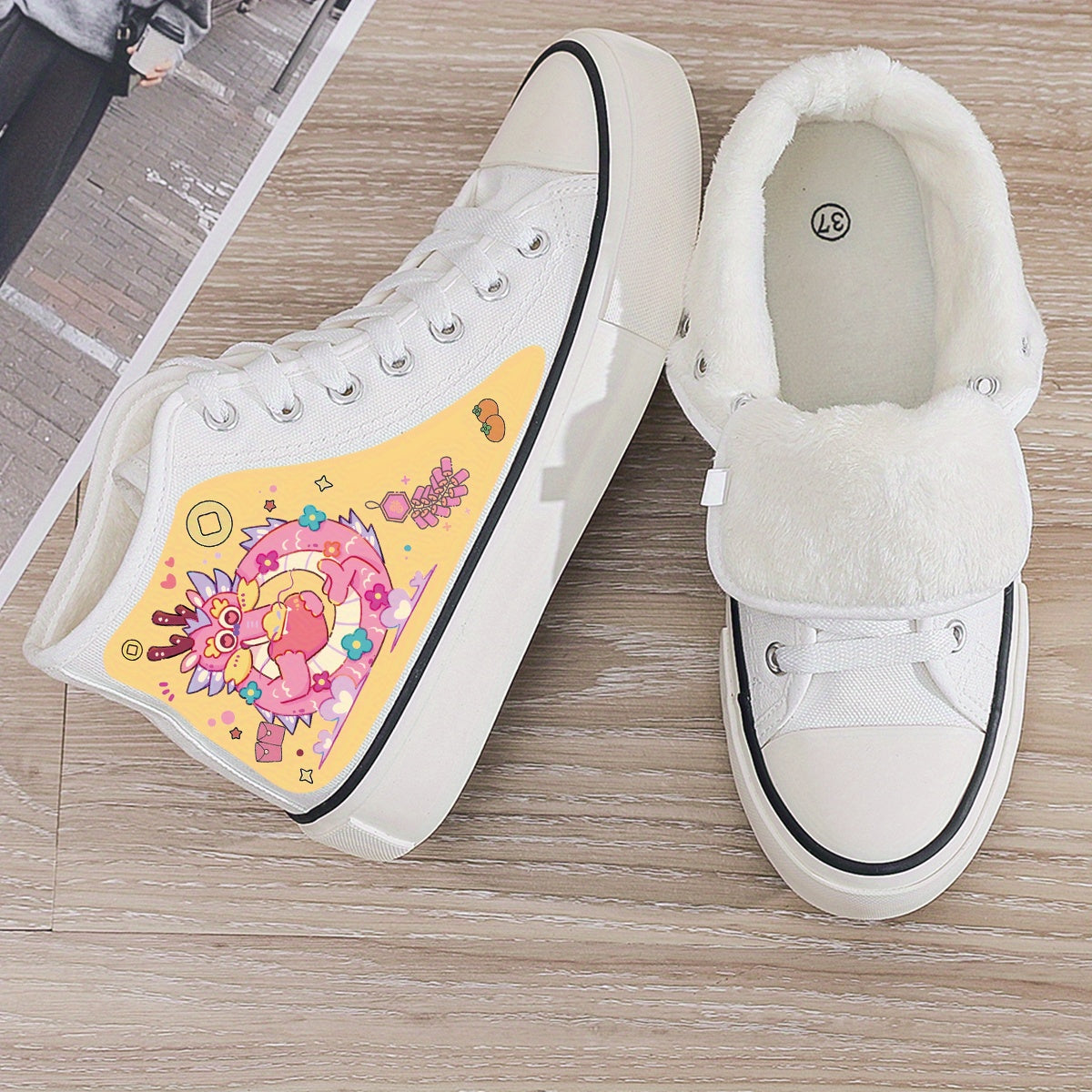 Dragon Print Plush Lined Thermal Chunky Canvas Sneakers