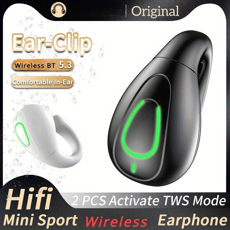 Mini Wireless Ear Clip Headset HIFI Bass Stereo Music Earring Headphone Mic
