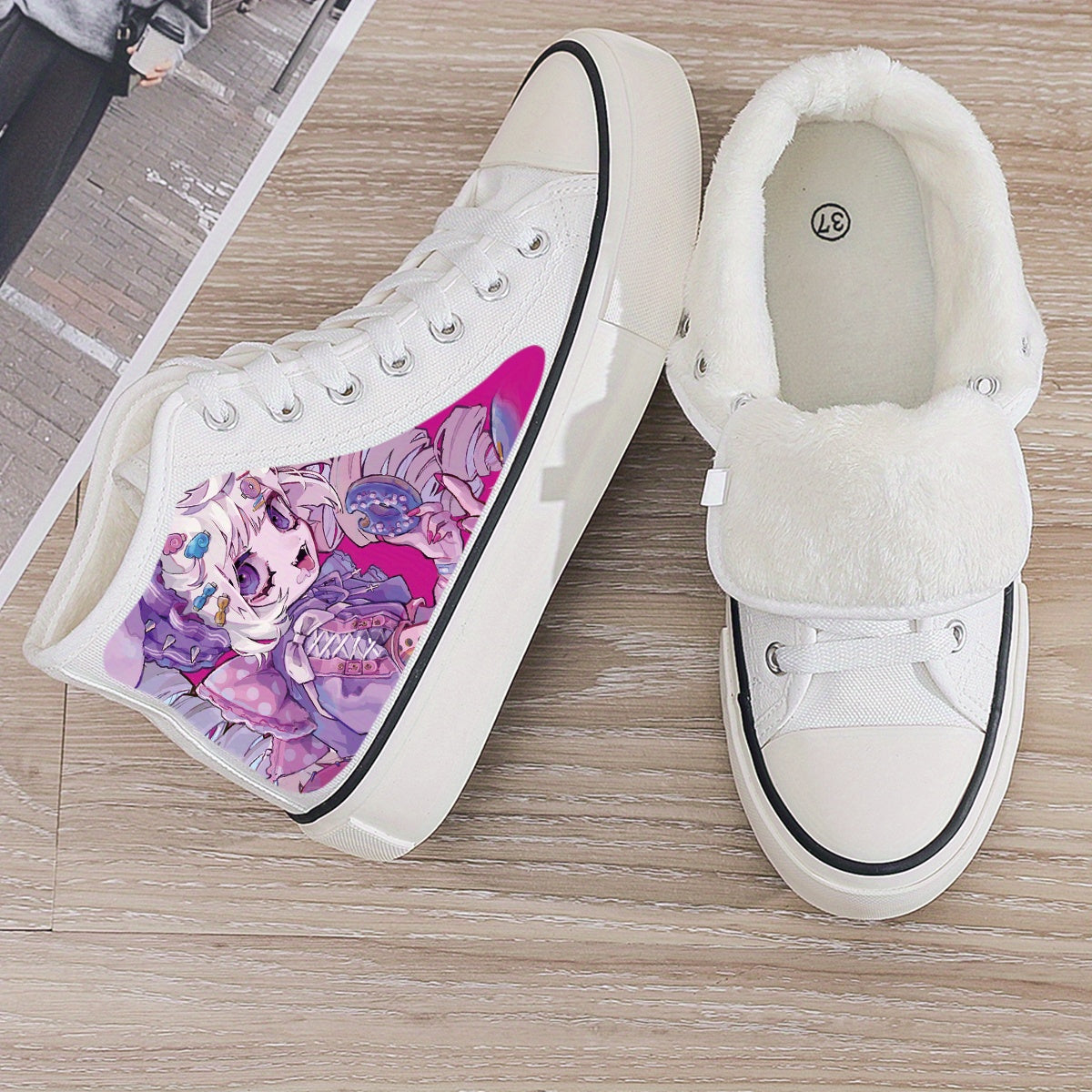 Anime Girl Plush Lined Chunky Canvas Sneakers Warm Winter Shoes