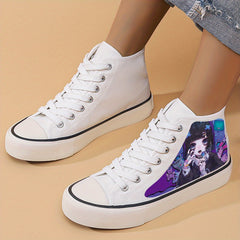 Anime Girl Print Chunky Canvas Sneakers, Lace Up High Top Shoes