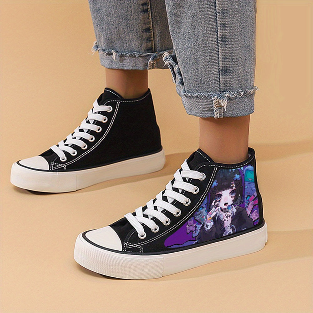 Anime Girl Print Chunky Canvas Sneakers, Lace Up High Top Shoes