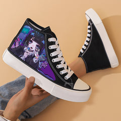 Anime Girl Print Chunky Canvas Sneakers, Lace Up High Top Shoes