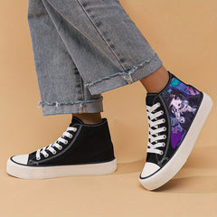 Anime Girl Print Chunky Canvas Sneakers, Lace Up High Top Shoes