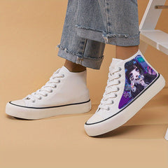 Anime Girl Print Chunky Canvas Sneakers, Lace Up High Top Shoes