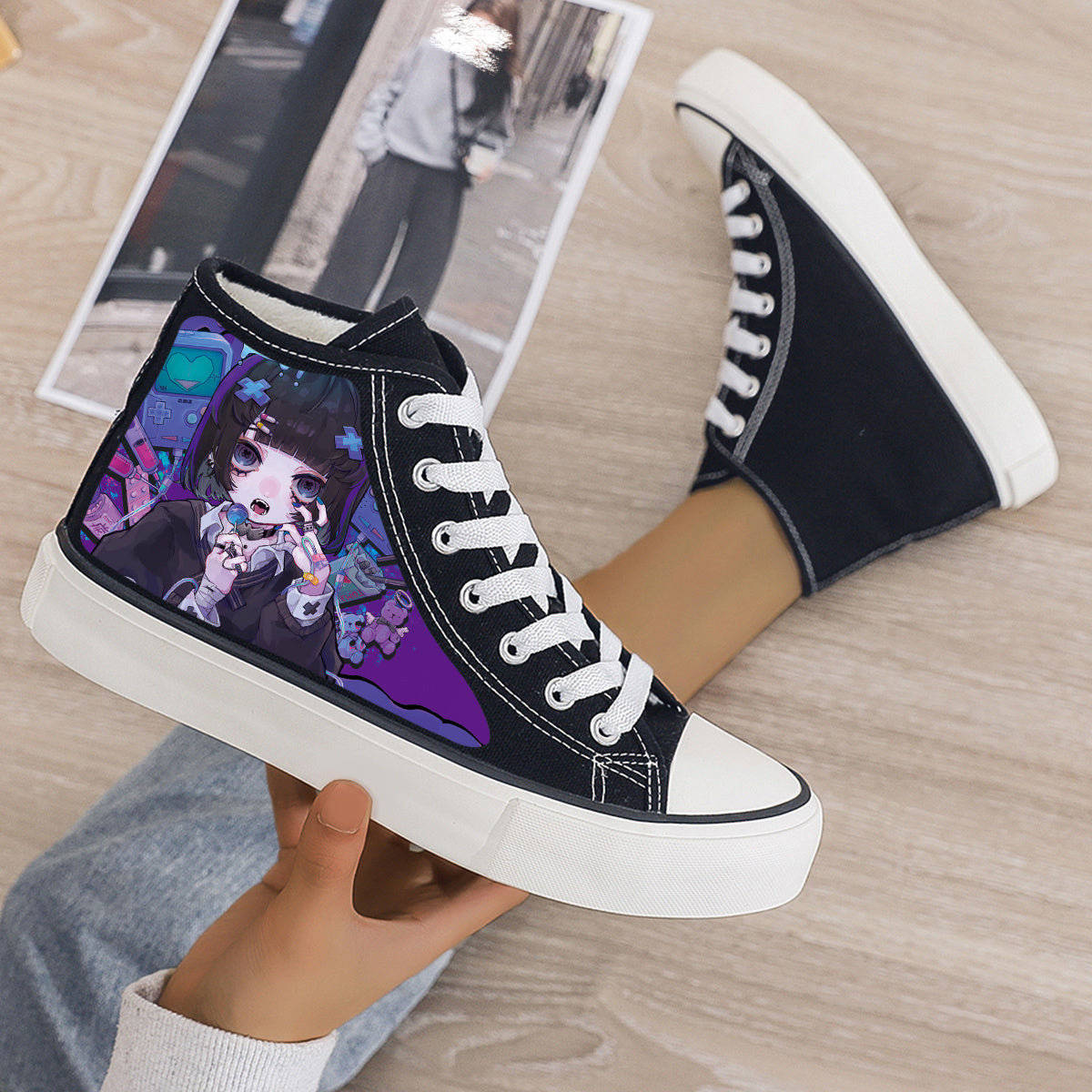Anime Girl Print Plush Lined Thermal Chunky Canvas Sneakers Flat