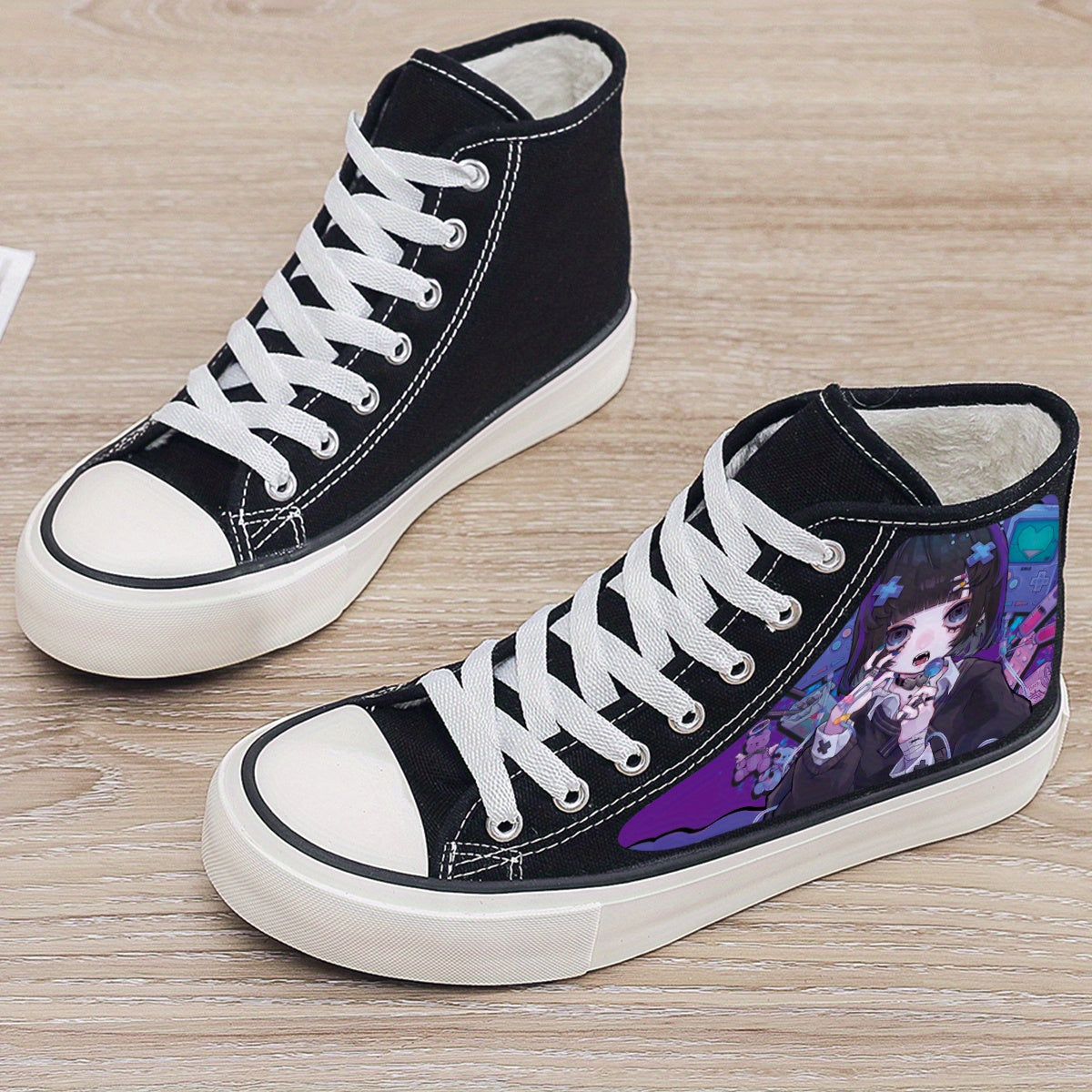 Anime Girl Print Plush Lined Thermal Chunky Canvas Sneakers Flat