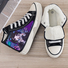 Anime Girl Print Plush Lined Thermal Chunky Canvas Sneakers Flat