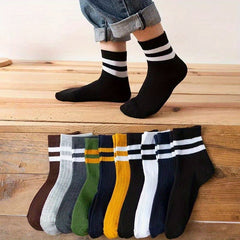 5 Pairs Men's Solid Striped Crew Socks Breathable Comfy Casual Unisex Socks