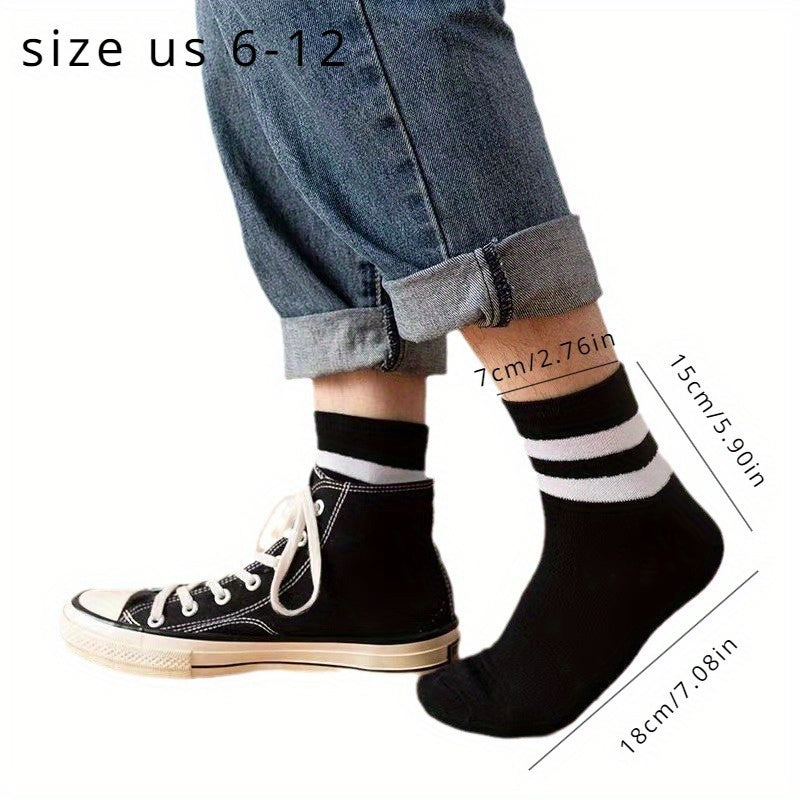 5 Pairs Men's Solid Striped Crew Socks Breathable Comfy Casual Unisex Socks