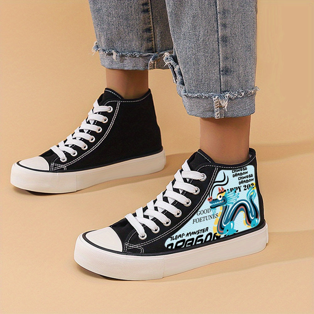 Dragon Print Chunky Canvas Sneakers High Top Skate Shoes