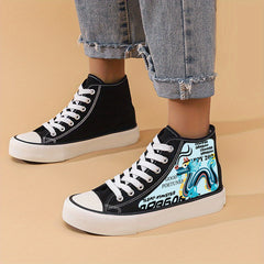 Dragon Print Chunky Canvas Sneakers High Top Skate Shoes