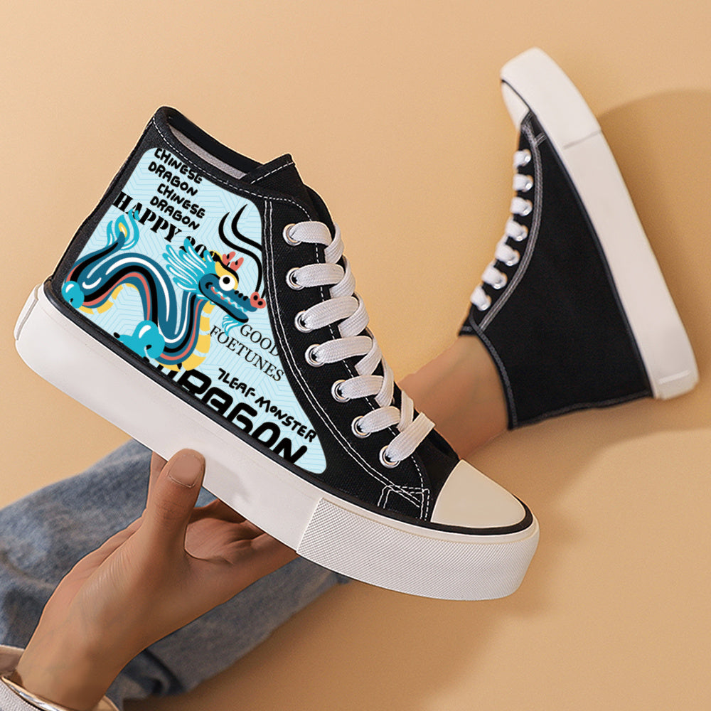 Dragon Print Chunky Canvas Sneakers High Top Skate Shoes