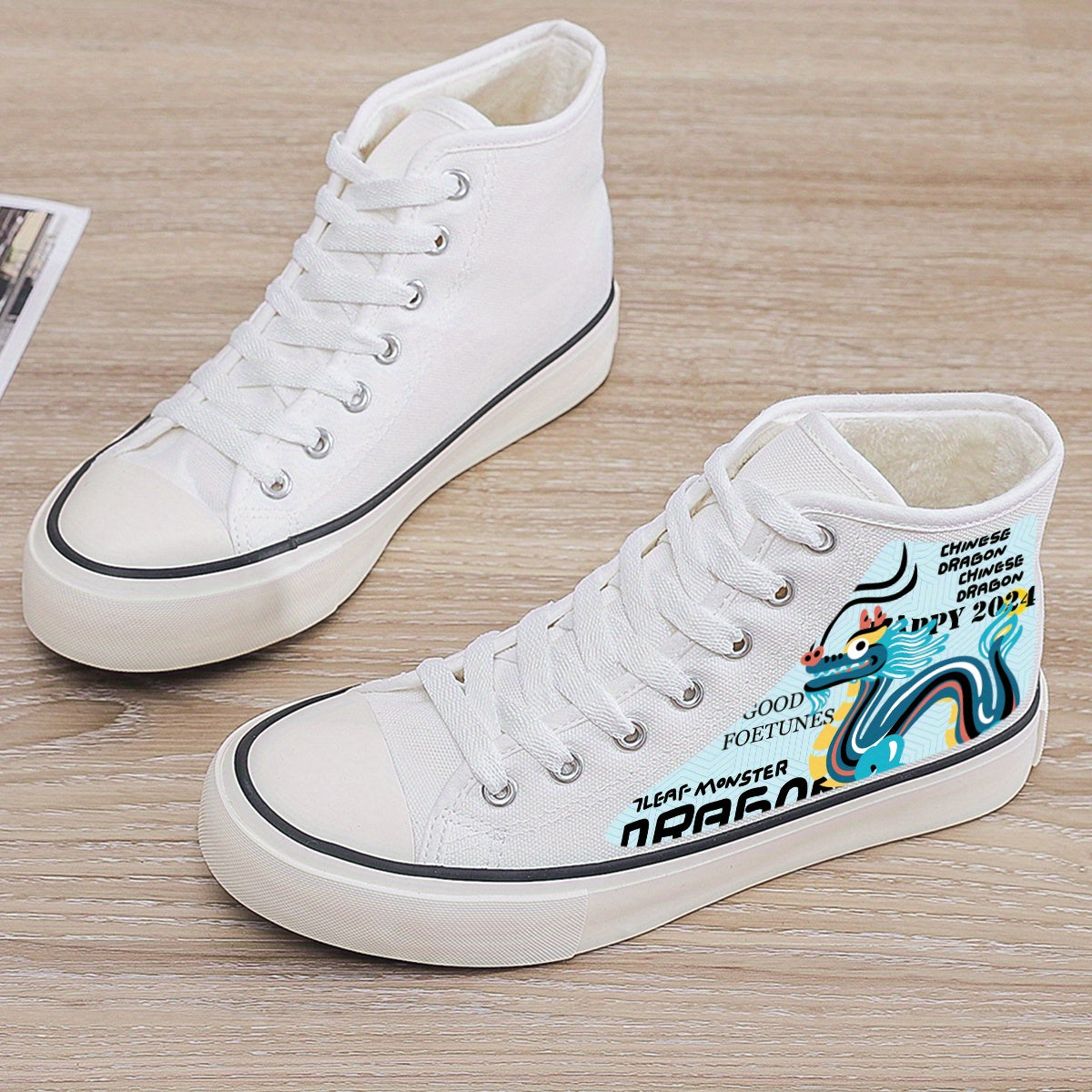 Dragon Print Plush Lined Thermal Chunky Canvas Sneakers
