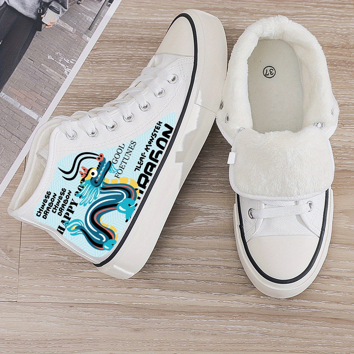 Dragon Print Plush Lined Thermal Chunky Canvas Sneakers