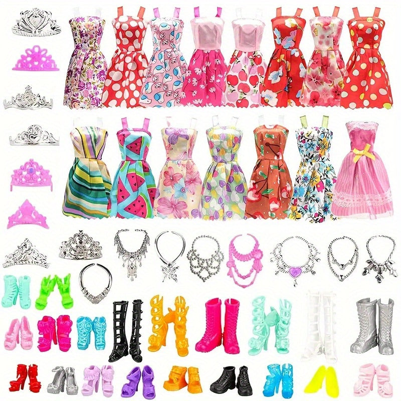 34pcs Princess Doll Clothes and Accessories Set - Dresses, Shoes, Necklace