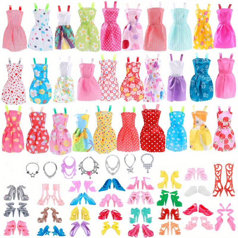 34pcs Princess Doll Clothes and Accessories Set - Dresses, Shoes, Necklace