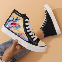 Dragon Print Chunky Canvas Sneakers High Top Skate Shoes