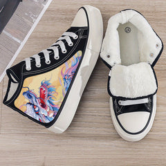 Dragon Print Plush Lined Chunky Canvas Sneakers