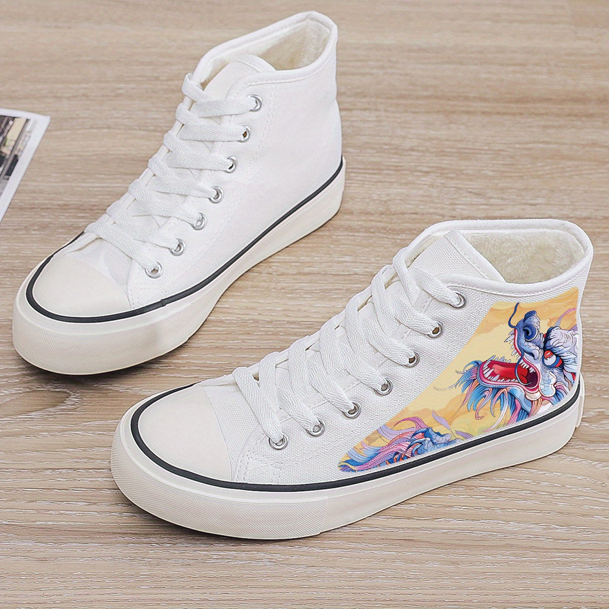 Dragon Print Plush Lined Chunky Canvas Sneakers