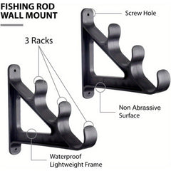 Waterproof Fishing Rod Holder Wall Hanger Rack - Holds 3 Rods
