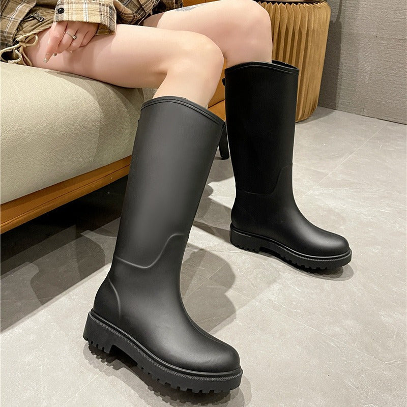 Women's Waterproof Knee High Rain Boots Anti slip Chunky Heeled Work Rain Boots