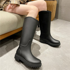 Women's Waterproof Knee High Rain Boots Anti slip Chunky Heeled Work Rain Boots