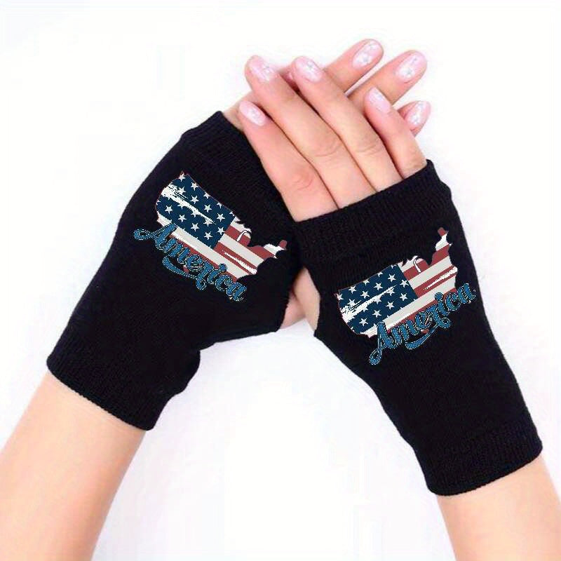Winter Fingerless Gloves Knitted Half Finger Warmth Stretch Print Pattern