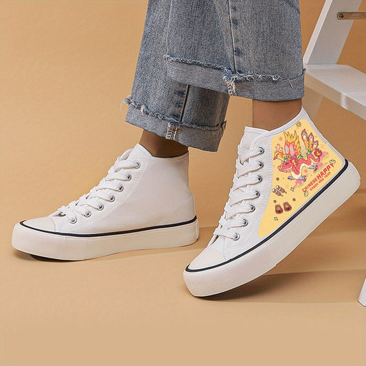 Dragon Print Canvas Sneakers Chunky High Top Skate Shoes