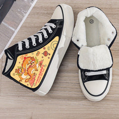 Dragon Print Plush Lined Chunky Canvas Sneakers