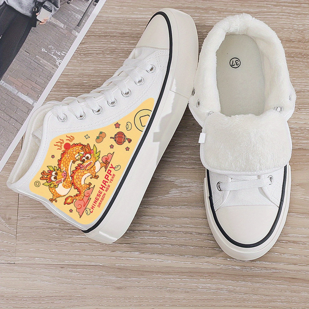 Dragon Print Plush Lined Chunky Canvas Sneakers