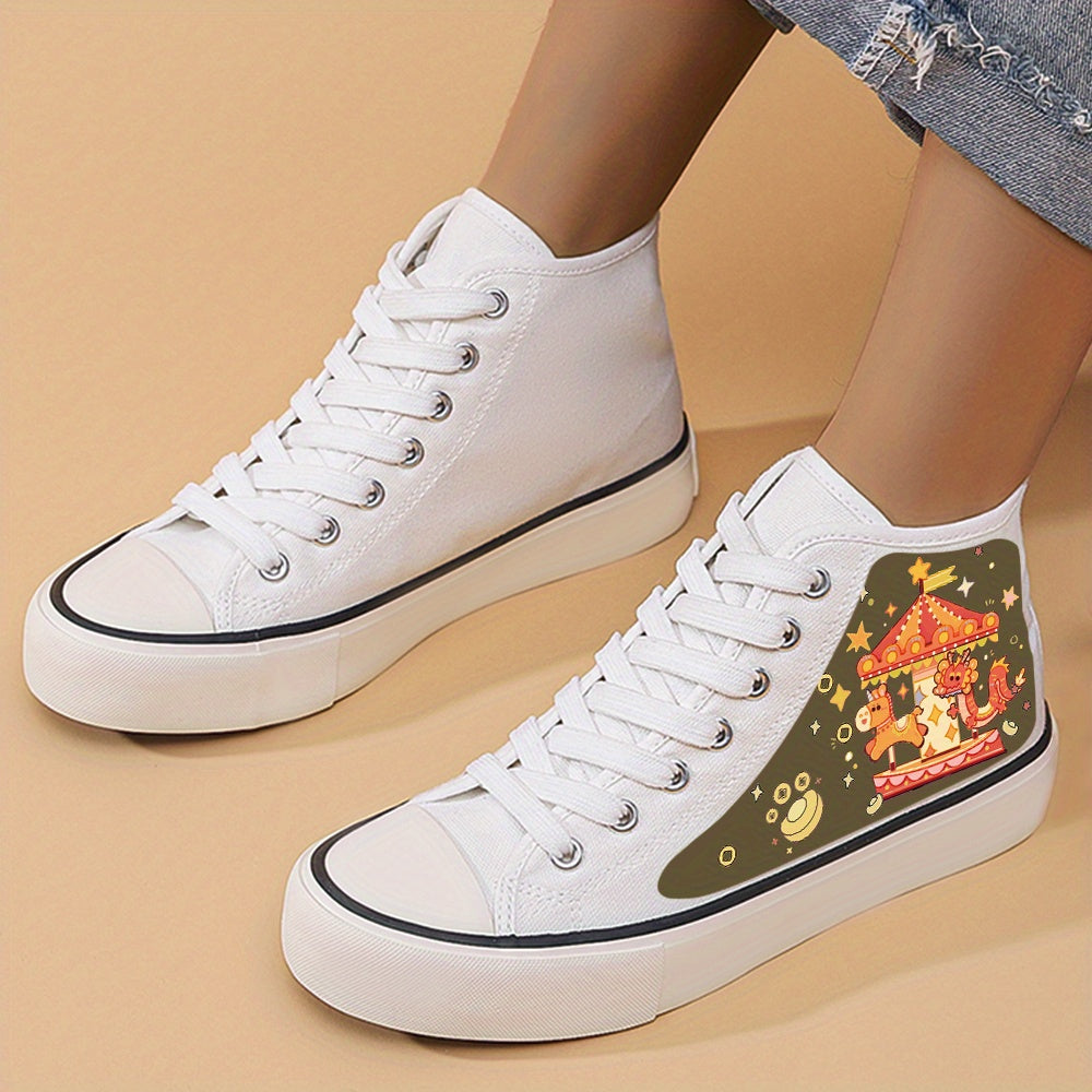 Dragon Print Chunky Canvas Sneakers High Top Classic Skate Shoes