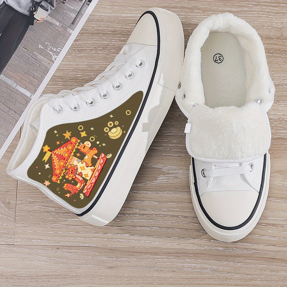 Dragon Print Plush Lined Thermal Chunky Canvas Sneakers