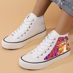 Dragon Print Flat Heighten Chunky Canvas Sneakers High Top Classic Skate Shoes