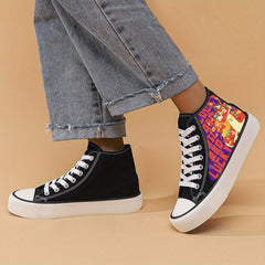 Dragon Print Flat Heighten Chunky Canvas Sneakers High Top Classic Skate Shoes